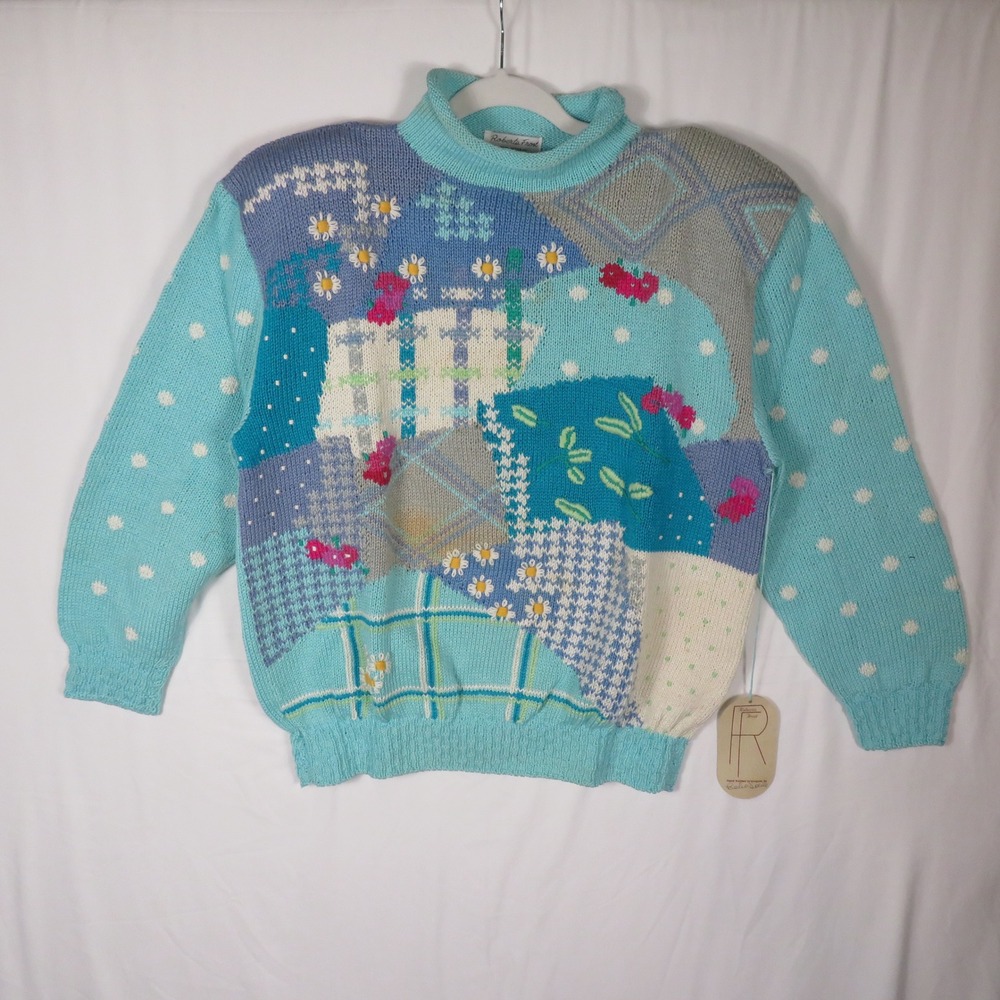 Vintage Roberta Frost Hand Knit Patchwork Sweater Novelty Knitwear‎ MEDIUM